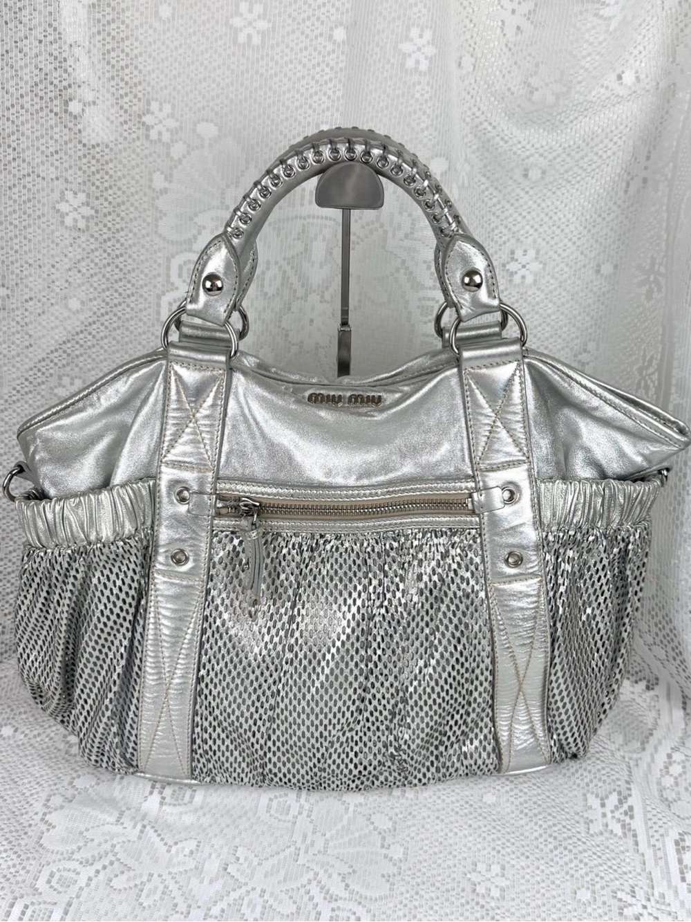 Miu Miu Metallic Silver Mesh-Front Tote